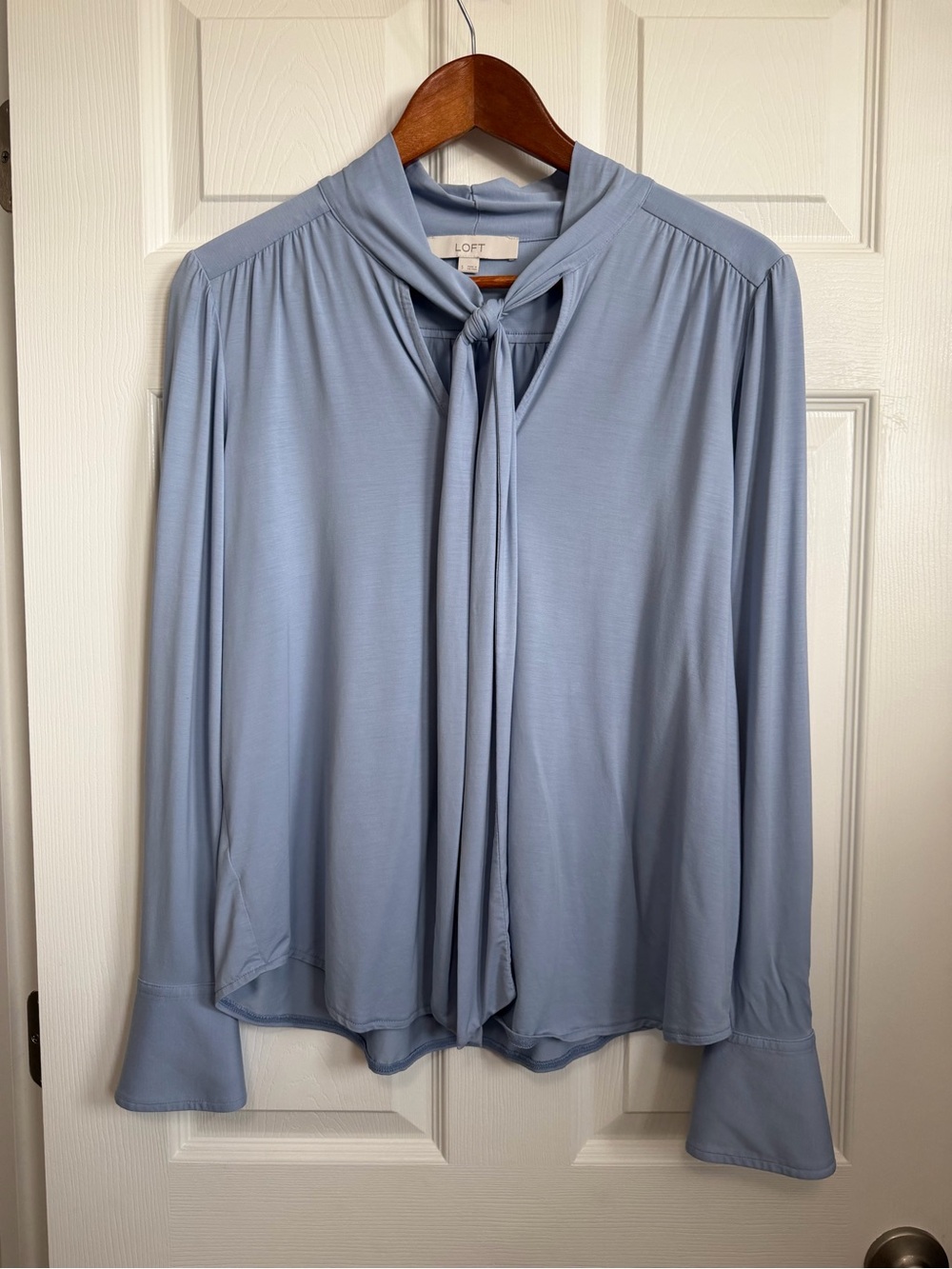 LOFT Pale Blue Tie-Neck Long Sleeve Blouse